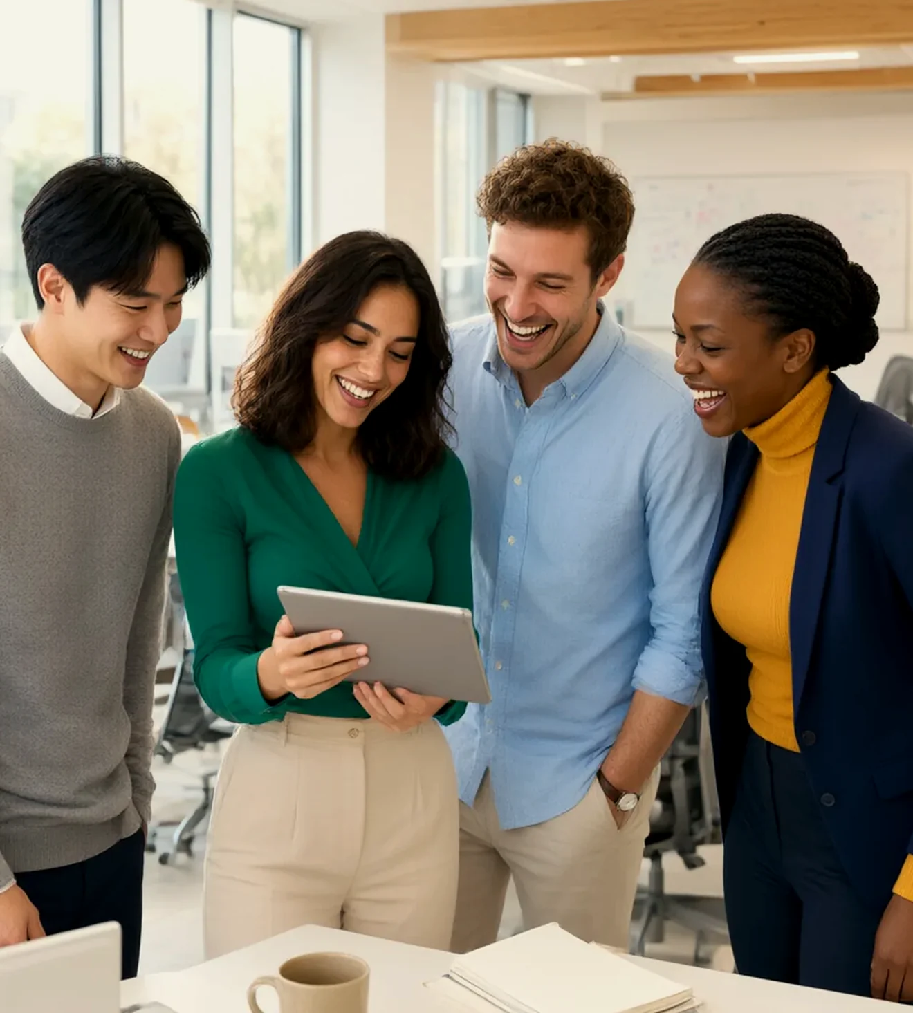 Colleagues laughing together over a tablet